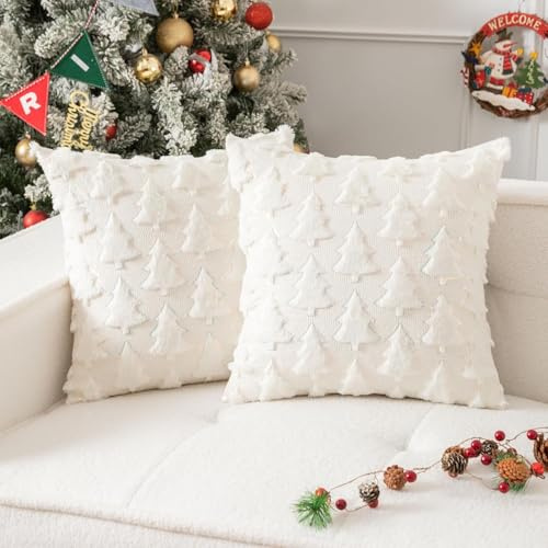 VITEVER Kissenbezug Weihnachten (18x18 Zoll, 2er Set) – weicher Plüsch-Kunstpelz mit funkelnden Pailletten, Weihnachtsdeko Kissenbezug für Couch, Sofa & Festdekoration (Weiß)