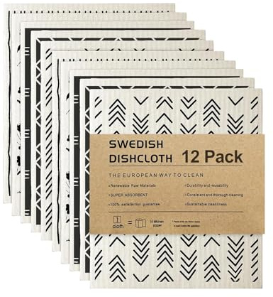 Swedish Dishcloth Set of 12 - Reusable Cellulose Wooden Fiber Kitchen Sponge Dish Cloth for Cleaning Pots and Bowls, Cloths Geometric Design - Eco-Friendly Cloths Dish Cloth for Kitchen Use (12)