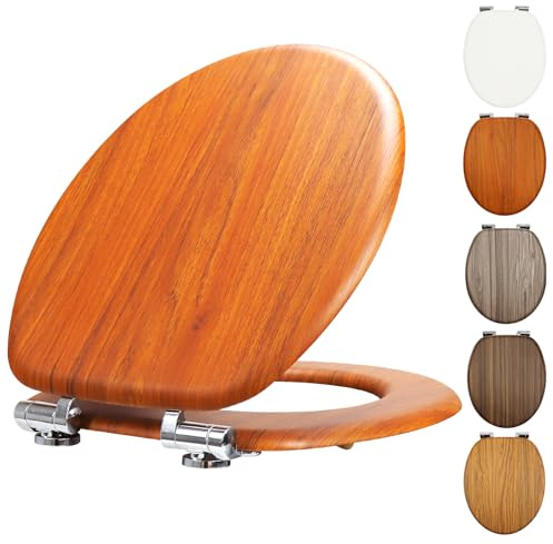 Fanmitrk WC-Sitz mit Absenkautomatik, MDF-Holzkern in Eiche-Optik, Verstellbare Scharniere, Befestigung von unten, Robust & Pflegeleicht, Oval 43,5 x 37,3 x 5.5cm(Roter Teak)