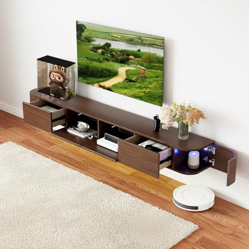 NOYHHAV Massivholz-Schwebender TV Schrank Wandmontierter Fernsehschrank-200CM Walnuss-LED-Leuchten