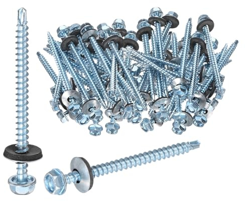 M METERXITY 50Pz Viti Autofilettanti Autoforanti ST4.8 x 75mm Zincate | Acciaio Al Carbonio, Con Guarnizione In Gomma, Testa Esagonale, Per Coperture Metalliche/Pannelli Laterali/Strutture Acciaio