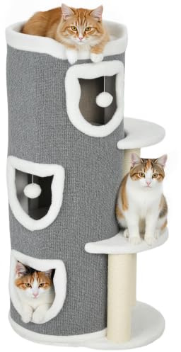 PawHut Kratztonne 101 cm hoch für Katze bis 6 kg mit Höhle Spielball Grau | Katzentonne mit Plüschrand, Sisal-Kratzbäumen, Oberem Bett, Plattformen, Mehrstöckig Kratzbaum, Katzenhöhle Katzenhaus