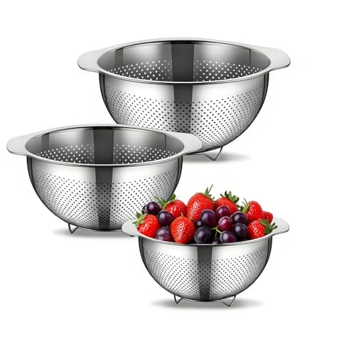3er-Set Edelstahl-Siebe 23/25/27cm – spülmaschinenfest | 3er-Set Küchensiebe aus Edelstahl – mikroperforiert & spülmaschinenfest, für Nudeln, Gemüse, Obst & Reis