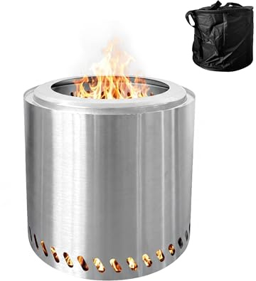 Relaxdays Feuerschale ohne Rauch, Edelstahl, HxD: 36 x 38 cm, Aschebehälter & Tasche, rauchfreie Feuerstelle, Silber