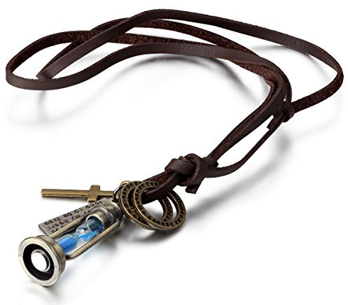 JewelryWe Schmuck Leder Kette mit Sanduhr Wunderlampe, Ringen, Kreuz und Schrift Tag Anhänger, Braun Halskette für Damen und Herren, Verstellbare Länge 40cm-80cm