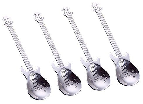 AYOMI Kaffee- bzw. Teelöffel aus Edelstahl mit Katzenköpfen, 4-teilig, feinpoliert gitarre