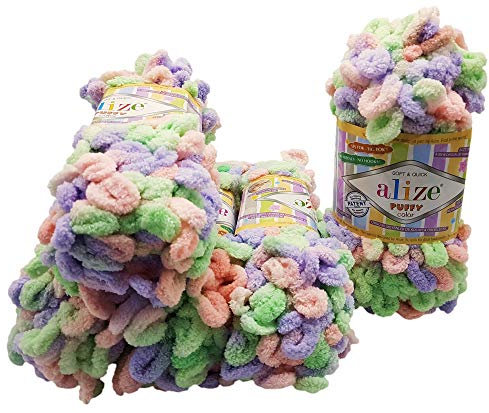 5 x 100 Gramm Strickwolle Alize Puffy Color, 500 Gramm Fingerstrick - Wolle mehrfarbig, Schlaufenwolle, Stricken ohne Nadel (grün flieder apricot 5938)