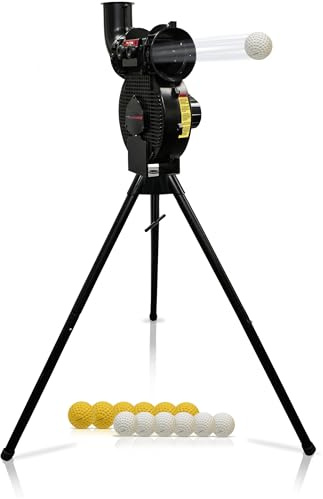 PowerNet Launch F-lite Softball & Baseball Pitching Machine, Dimpled Practice Balls, Bucket of Baseballs, Coaching Bucket Bundle for Pitching Machine, Baseball Training Equipment