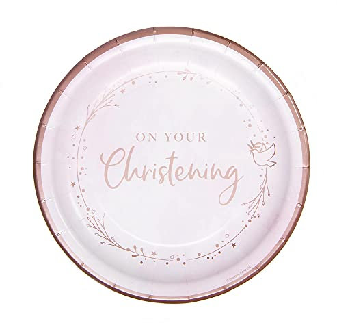 Creative Party Pack of 8 On Your Christening Paper Dinner Plates, Christening Party Decorations, Christening Table Decorations, for boys, girls, 23cm (9) Pink, Rose Gold, Metallic Ink, J090