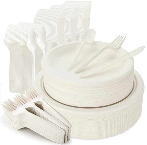 SENENQU Juego de vajilla desechable biodegradable, 250 piezas, kit de vajilla de bagazo compostable que incluye platos de papel de 7 y 9 pulgadas, tenedores, camping, picnic