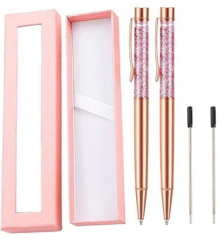 Kareeran Rose Gold Ballpoint Pen Gift Set, Pink Sparkly Pens with Black Replacement Refills Gift Box Thank You Gifts for Wedding Birthday Office