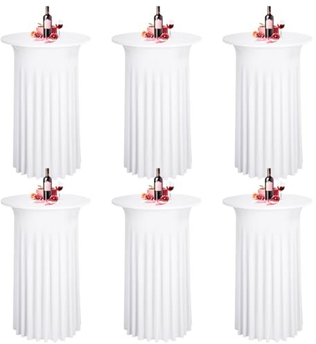 6 Packungen weiße Stehtischhussen, 60 x 110 cm, Dehnbare Stehtisch-Tischdecke mit Rock, runder Spandex-Cocktail-Tischrock, Bistrotisch-Stehtisch-Abdeckung, Party für Bankett, Hochzeit, Geburtstag