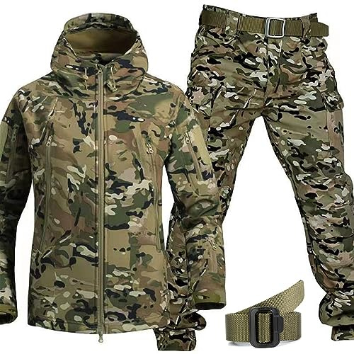 Conjunto de ropa de caza de camuflaje militar con cinturón, chaqueta suave para hombre, pantalones, chaqueta táctica y pantalones de combate, conjuntos de traje de combate impermeable del ejército.