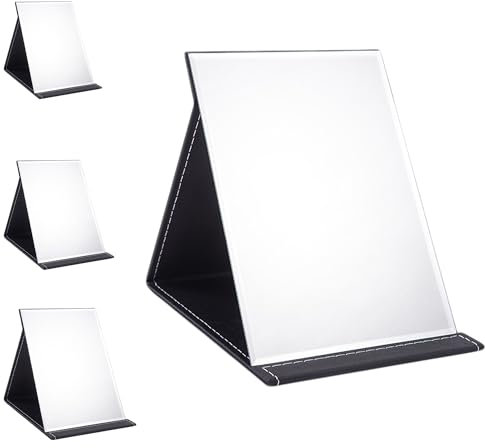 MAEXUS Reisespiegel Klappbar,17 * 12cm,Schminkspiegel Klappbar,Tischspiegel mit Mehrfach-Standwinkel,Schwarz PU-Leder,Schminkspiegel Klein,Super HD Kosmetikspiegel,Make Up Spiegel (S)