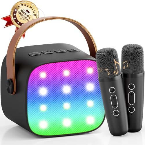 Karaoke Maschine mit 2 Karaoke Mikrofon, Tragbarer Bluetooth Lautsprecher mit LED Lichteffekten für Kinder Erwachsene, Musikinstrumente Equipment Karaoke-Systeme (Schwarz)