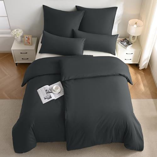 JELLYMONI Bettwäsche 135x200 Baumwolle Anthrazit Bettwäsche-Sets Oeko-Tex 100% Gewaschene Baumwolle Bettbezug mit Reißverschluss und Kissenbezug 40X80 mit Umschlag Weich 2-Teilige Bettwäsche
