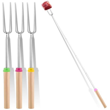 4 Pack Marshmallow Toasting Forks – Extendable Stainless Steel Roasting Sticks for Fire Pit, BBQ & Campfire – Retractable S’Mores Kit Accessories for Marshmallows & Hot Dogs