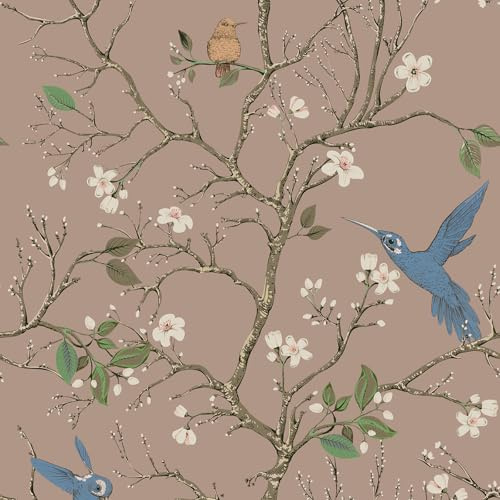 VaryPaper Floral Hummingbird Wallpaper Self Adhesive Dull Pink Contact Paper 44.5cmx300cm Flower Sticky Back Plastic Lining Paper for Wall Living Room Hallway Wallpaper Cupboard Shelf Furniture Wrap