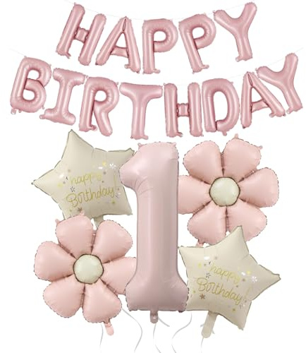 DazzJoy Geburtstagsdeko 1 Jahr Mädchen mit Gänseblümchen Folienballon, Luftballon Deko 1. Geburtstag Mädchen Junge, Rosa Happy Birthday Ballon 1 Geburtstag Mädchens für Kindergeburtstag Deko