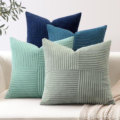Sungeek 4er Set Cord Kissenbezüge, Kreuz Streifen Muster Kordsamt Kissenbezug Sofakissen Dekokissen Patchwork Design Deko Zierkissenbezüge Kissenhülle für Wohnzimmer (45x45cm, Blau)