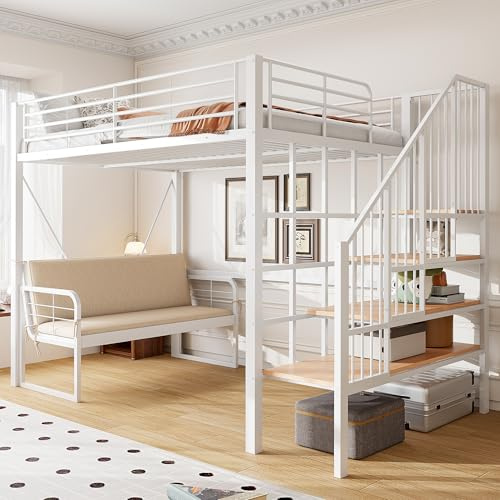 staronce Etagenbett 140x200 cm mit Polstersofa & Stauraumleiter – Metall-Hochbett für Kinder, Jugendliche & Erwachsene, abnehmbares Sofa, Sicherheitstreppe, weiß