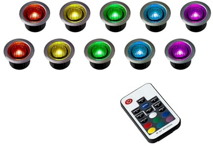 MiniSun | 40mm Colour Changing LED Round Decking/Kitchen Plinth Lights Kit | Decking & Patio Lighting, Home Décor & Improvement Essential | Pack of 10 | Includes Remote Control