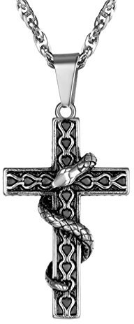 PROSTEEL Halskette Edelstahl Äskulapstab Schlangenstab Kreuz mit Schlange Anhänger Halskette Modeschmuck für Herren, Silber