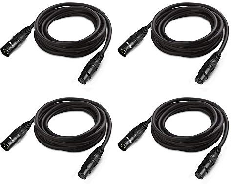 Lot de 4 câbles DMX flexibles plaqués or JLPOW - 3 m - Signal XLR mâle vers femelle - Idéal pour DJStage Lighting