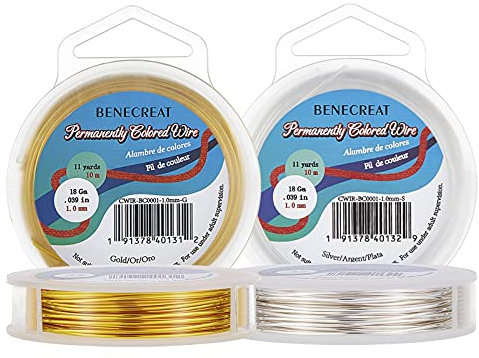 BENECREAT 20m 1mm Alambre de Cobre Cable Metal Alambre de Joyería para Manualidad Dorado y Plateado Calibre 18, 10m/Rollo, 2 Rollos