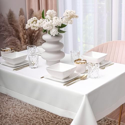 DECOOR Tischdecke abwaschbar 220x140 cm eckige Tischwäsche aus Stoff in Leinenoptik schmutzabweisende Tafeldecke wasserabweisend Matte 220 g/m² Tischtuch mit dekorativer 5 cm Bordüre Weiß