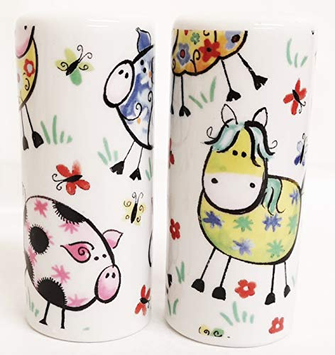 Crazy Farm Animals Salt & Pepper Round Porcelain Multi Colour Ceramic Cruet Set Hand Decorated in UK