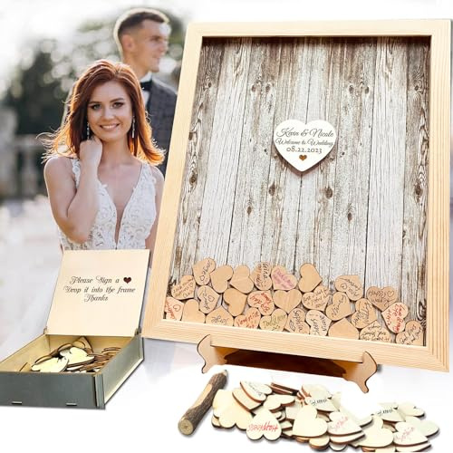 Livre d'or de mariage alternatif avec cadre en bois pour décoration de fête prénatale, fête d'anniversaire, 120 cœurs