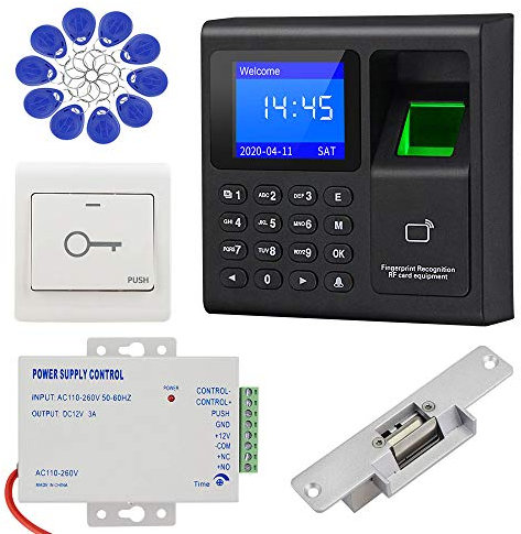 KDL Teclado Completo de Huella Dactilar del Sistema de Control de Acceso RFID, Transformador de alimentación DC12V, Cerradura eléctrica Tipo NO con Interruptor de Puerta, Llavero de 125KHz