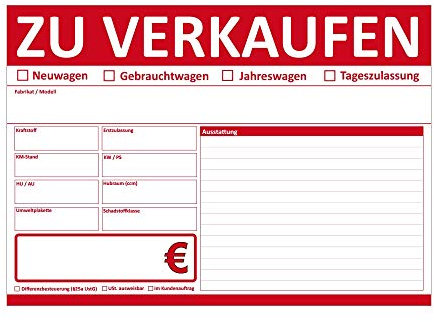 KFZ Auto Verkauffschilder DIN A4 ZU VERKAUFEN beidseitig bedruckt (Rot, 10 Stück)