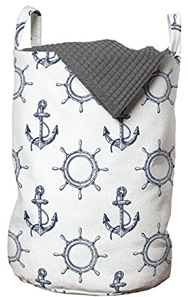 ABAKUHAUS Anker Wäschesack, Retro maritimes Design, Wäschekorb mit Griffen Kordelzugverschluss für Waschsalons, 33 cm breit x 49 cm hoch, Marineblau Weiß