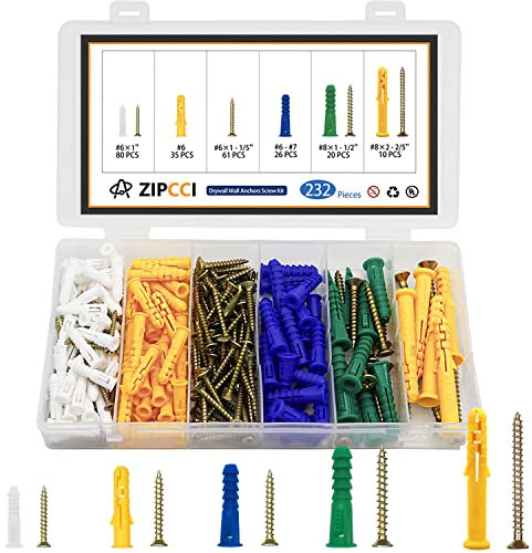 ZIPCCI 232-teiliges Trockenbaudübel und Schrauben-Set, inklusive 116-teiliges Kunststoff-Wanddübel-Set, 116-teilige Holzschrauben, Dübel und Schrauben für Trockenbau