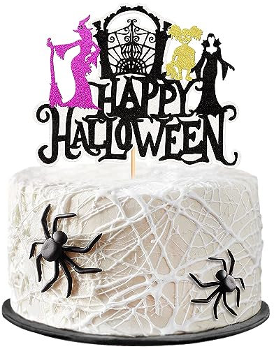 Ercadio 1 Pack Happy Halloween Cake Topper Assembled Glitter Cemetery Zombie Horror Castle Bat Pumpkin Cake Pick Decorations for Halloween Theme Birthday Party Supplies
