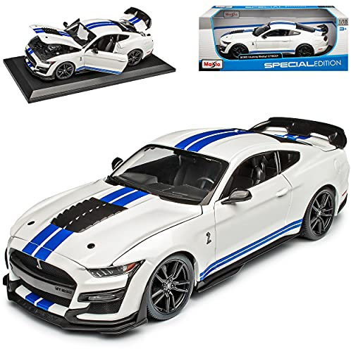 Ford Shelby Mustang GT500 Snake VI Coupe Weiss mit Streifen in Blau Modell Ab 2014 Version Ab 2020 1/18 Maisto Modell Auto