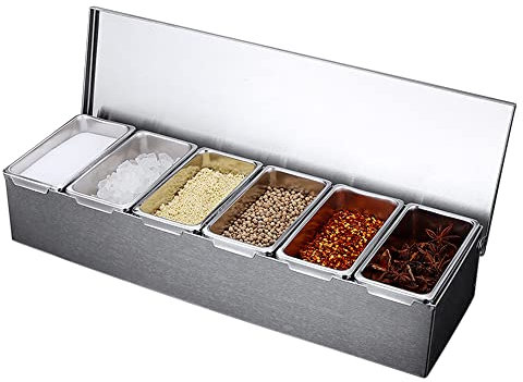 TIXBYGO Recipiente para ingredientes, acero inoxidable 304, de calidad alimentaria, 4 insertos, caja de ingredientes, cajas de especias, catering, bar, fruta, especias, 31 x 16 x 10 cm