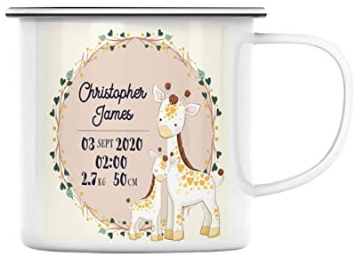 Mug en Métal Emaillé Naissance Personnalisable Illustration Animaux Faire-Part Idée Cadeau Bébé Parent Nouveau Né