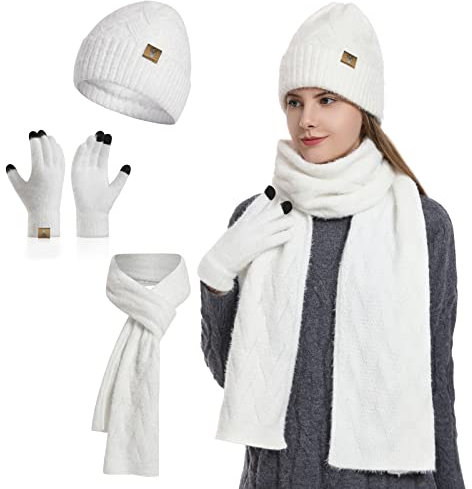 INSISMY Damen Mütze Schal und Touchscreen Handschuhe Set für Damen Winter Warm Langer Schal Fleece Gefüttert Beanie Skull Cap