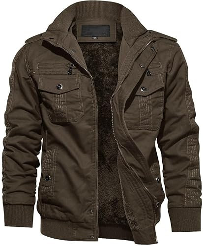 TACVASEN Uomo Giacca Militare Invernale Jacket Casual Interno in Pile Caldo collo in Piedi, Caffè