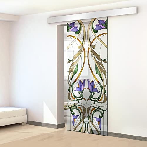 Porta scorrevole in vetro colorato dipinto a mano, modello SYMPHONY porpora 60x215 cm (60/85/95 cm) 8 mm vetro trasparente, kit completo di ferramenta (60x215 cm, DESTRA)
