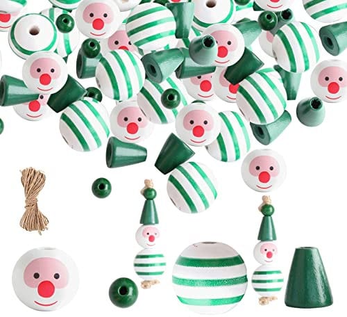 Plcnn 120 Pieces Christmas Wooden Beads, Snowman Wooden Beads for Crafts Striped Farmhouse Craft Beads for DIY Supplies Holiday Decor