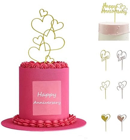 Gold Love Heart Acrylic Birthday Cake Toppers Happy Anniversary Cake Decorations Cupcake Toppers for Wedding Bridal Anniversary Theme Party Decorations Supplies 8PCS