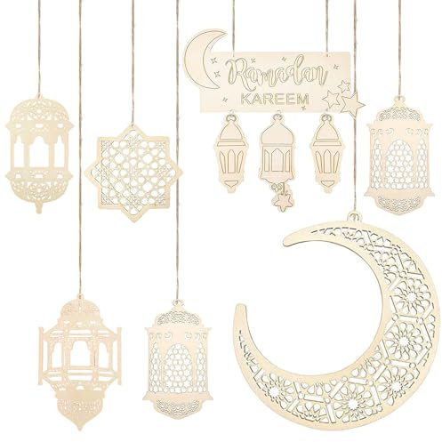 Mecctuck 7 Stück Ramadan Deko, Ramadan Dekoration, Ornament Holz Anhänger, Ramadan Mubarak Dekoration, Eid Mubarak Dekoration, Islamische Deko, Mond Stern Anhänger für Ramadan Mubarak Eid Party Deko
