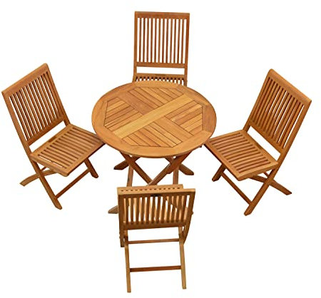 Teak Sitzgruppen Set 4 Klappstühle 1 Klapptisch rund 90 cm klappbar wetterfest