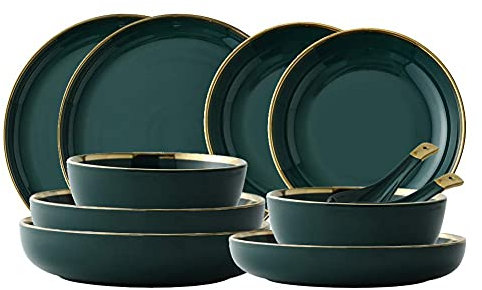 Light Luxury Ceramics Dinnerware Sets, 28 Pieces Nordic Style Dinner Combination Set | Emerald Green Porcelain Plates and Bowls Sets