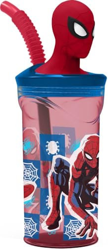 STOR Gobelet pour enfant Marvel Spiderman Spider-Man 360 ml en plastique bleu et rouge avec paille et figurine 3D du personnage