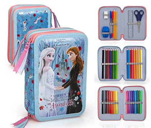 Disney Frozen - Die Eiskönigin Anna und ELSA, 3-Fach Federtasche Federmappe, 44 TLG. gefüllt für Jungen Mädchen Kinder, blau/rosa, 20 x 12,5 x 5,5 cm